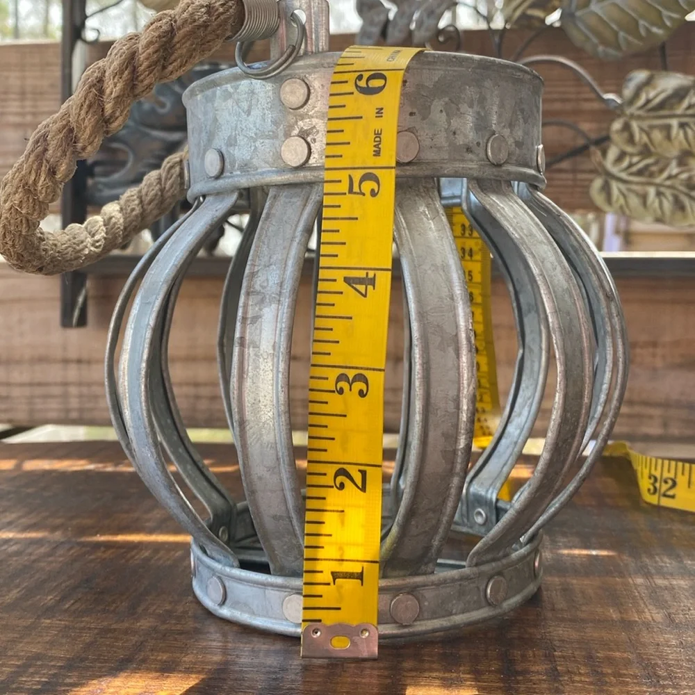 Rustic Farmhouse Galvanized Metal Crown Candle Holder Lantern with Rope Handle